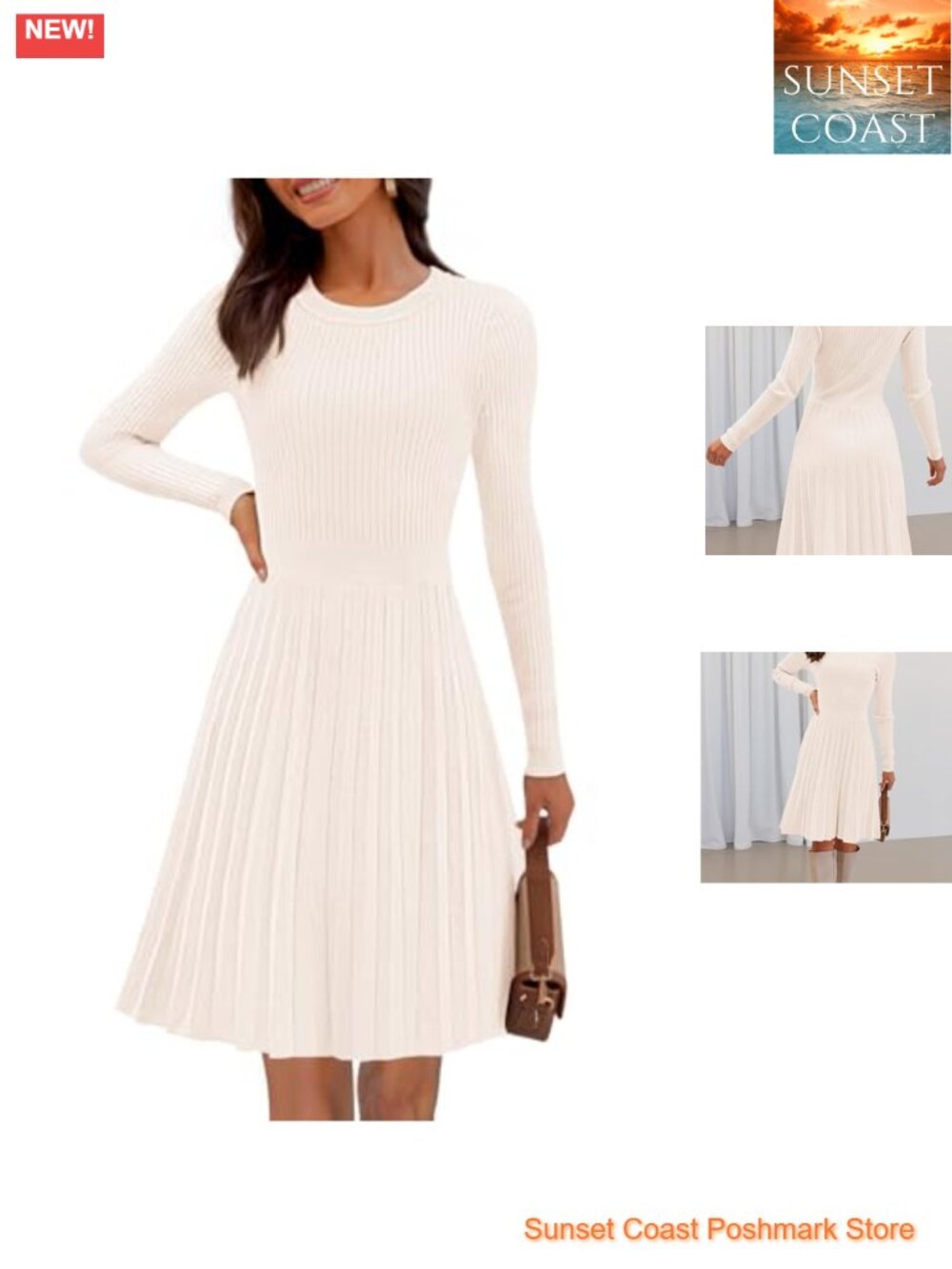 Long Sleeve A-Line Pleated Ribbed Knit Mini Sweater Dress Crewneck